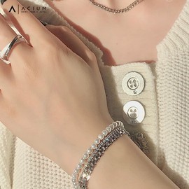 ACIUM Bracelet for Men Women Stainless Steel with Rhinestone Pearl Luxury Jewelry Shinning Length 6.69 inch(17cm)