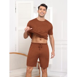 RQP Mens Lounge Set Ribbed Knit Pajamas Set 3 Piece Short Set Summer Soft Sleepwear,Caramel
