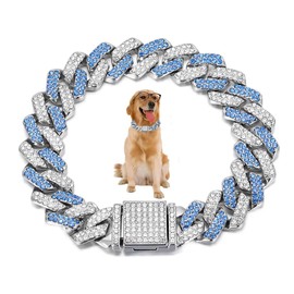 Blue Dog Chain Necklace, Dog Chain Collars Bling Glitter Rhinestone Metal Choke Cuban Link Dog Collar, 14mm Wide Pet Jewelry For Puppy Small Medium Large Dogs (14inch)