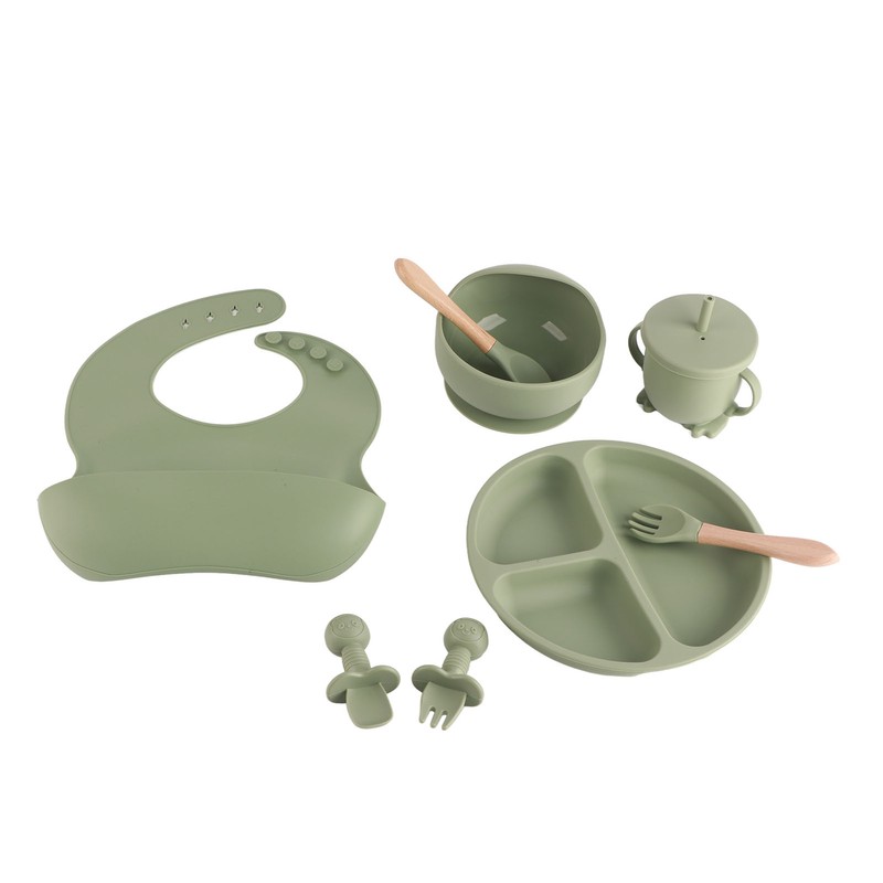 8 Pcs Silicone Baby Feeding Set Bib Suction Plate Bowl