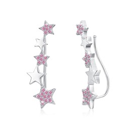 Star Crawler Earrings 925 Sterling Silver Star Ear Climber Earrings Ear Cuffs Stud Climbers Earrings with Cubic Zirconia Piercing Mix Linked Stars Sweep up Ear Pin Hypoallergenic Earring for Women