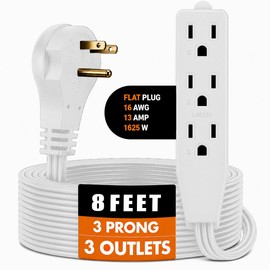 Cable de extensión plano de salida múltiple de 8 pies para uso en interiores - Cable de extensión múltiple de 3 puntas listado por UL, cable de extensión en ángulo plano que ahorra espacio