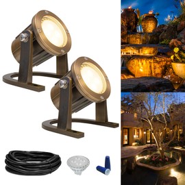 GKOLED Solid Brass Underwater Light, Low Voltage LED Pond Lights, Submersible Fountain Lighting with 5W 2700K 410LM MR16 Bulb, 9-15V AC/DC Outdoor Landscape Light, IP68 Rated Pool Spotlights, 2 Pack