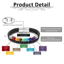 JSDDE Jewellery Chakra Bracelet Partner Bracelets Pair of Bracelets Made of Healing Stone Gemstone Braided Leather Cord Bead Bracelet for Men Women, Stainless Steel, Chakra double layer bracelet