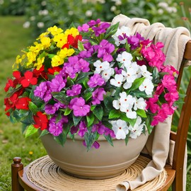 Ouddy Decor 6 Bundles Artificial Impatiens Flowers for Outdoors Decoration, Silk Flowers Bouquet Fake Plants UV Resistant for Spring Summer Garden Porch Window Box Balcony Home Decor, Multicolor