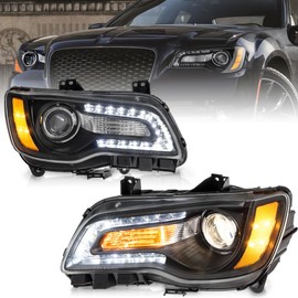 KUIPERAUTO LED DRL Headlights Compatible for 2011-2023 Chrysler 300/300C Projector Headlamp w/Led DRL Black Housing Amber Reflector