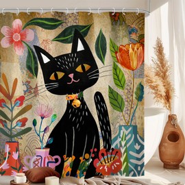 LIGHTINHOME Retro Boho Black Cat Shower Curtain 60Wx72H Inches Bohemian Floral Vintage Farmhouse Mid Century Kitten Kids Cloth Fabric Waterproof Polyester Bathroom Home Decor Set with Hooks