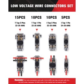 Kuject 40pc Low Voltage Wire Connectors Set, T Tap 3 Way 2 Pins 1 Pin Splice Wire Connectors 2 Way 2 Pins 1 Pin, Quick Solderless Wire Connector for Automotive, Led Strip, Landscaping, 18-24AWG