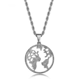 Cloyo Antique Silver Necklace for Women Men Stainless Steel World Map Globe Pendant Necklace 18" Chain