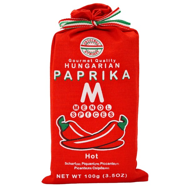 Menol Spices Authentic Hungarian Hot Pepper Powder (Hot 100 g) Top Quality for Gourmets, Made in the Area of Szeged, Hungary, Bright Paprika Red