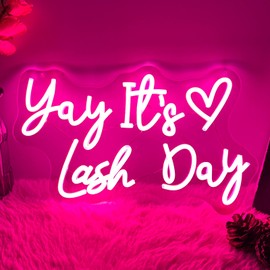 Yay It’s Lash Day Neon Sign For Spa Beauty Room Nail Brows Lashed Salon Studio LED Wall Art Decor For Business Stores Logo Barber Shops Led Word Indoor Custom Neon Lights 5V USB Powered Pink 40×24 CM