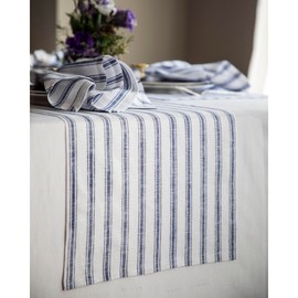 Solino Home Linen Stripe Table Runner 90 inches Long – 100% Pure Linen Navy and White Table Runner 14 x 90 Inch – Farmhouse Table Runner for Christmas Decoration – Capri Ticking Stripe