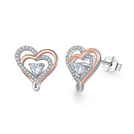 MEDWISE 925 Sterling Silver Heart Stud Earrings Birthstone Rose Gold Two Tone with Cubic Zirconia Hypoallergenic Jewelry Perfect for Women Wife Girlfriend Bridal Weddings Birthday Gifts