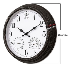 YTAONS Outdoor Waterproof Wall Clock with Thermometer and Hygrometer Combo, 15 in Retro Battery Operated Garden Clocks for Indoor and Outside Patio Deck Pool -Not Silent (Black)