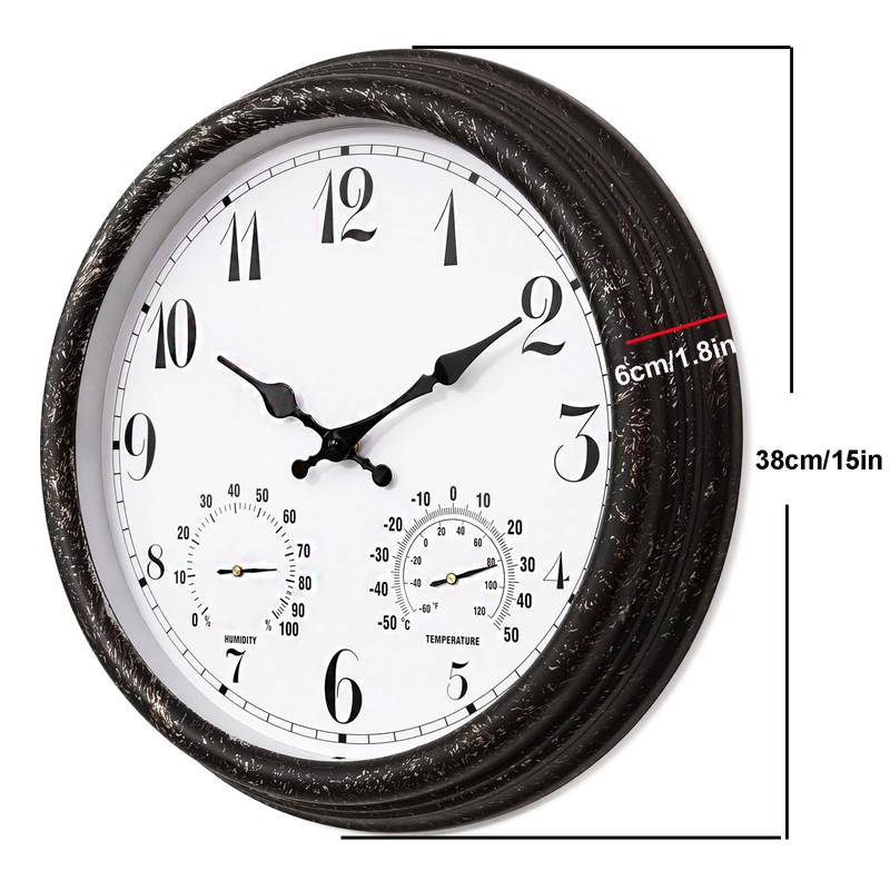 YTAONS Outdoor Waterproof Wall Clock with Thermometer and Hygrometer Combo,