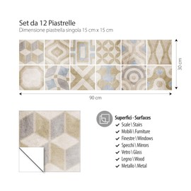 RE-COVERTILES - Tile Stickers for Bathroom and Kitchen 12 Pcs 15x15 cm - PS00172 Wall Decoration in Waterproof PVC Mosaic Tiles Style Azulejos Cement Tiles