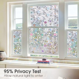 Viseeko Stained Glass Window Privacy Film：3D Pebble Decorative Rainbow Film Easy Install Colored Window Cling Non-Adhesive UV Protection 11.8x157inch