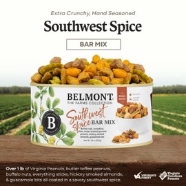 Belmont Peanuts Southwest Spice Bar Mix, 18 oz (Pack of 1) | Virginia Peanuts, Buffalo Nuts, Everything Sticks, Smoked Almonds and Guacamole Bits | Simple Ingredients, No Preservatives, Hand-Seasoned
