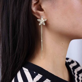 TseenYi Crystal Flower Earrings Long Chain Tassel Earrings Gold CZ Flower Rhinestone Earrings Boho Flower Chain Fringe Earrings Jewellery for Women and Girls Gifts, Alloy Steel