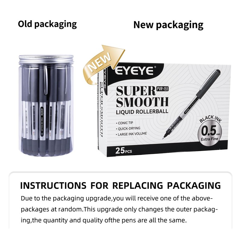 EYEYE 0.5mm Black Rollerball Pens 25 Pack, Extra Fine Point