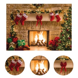 LYWYGG 7x5FT Christmas Backdrop Christmas Fireplace Backdrop Christmas Trees Backdrop Christmas Dinner Background Cloth Family Party Decorations Eve Fireplace Photography Background CP-282