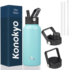 Konokyo Insulated Water Bottle with Straw,32oz 3 Lids Metal Bottles Stainless Steel Water Flask,Turquoise