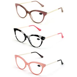 3 Pairs Women Cateye Pointed Tip Reading Glasses - Metal Temple Cat Eye Readers (3 Pairs, 5.00)