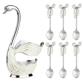 CAIRIAC Silver White Swan Decorative Dessert Spoon Set of 6, Metal, 4.2 x 2.1 Inches, Dishwasher Safe
