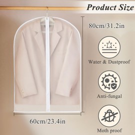 FuninCrea 5 Pack Dress Bags Covers Long Suit Bag 60 x 80 cm Clothes Covers Protector Bags with Zipper, Garment Bags Dustproof Suit Cover Hanging Dress Cover for Clothes Storage (60 x 80 cm)