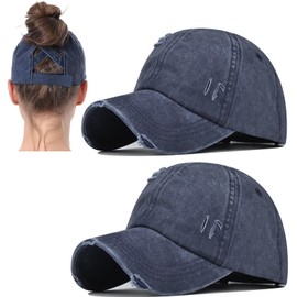 2 Packs Womens Ponytail Criss Cross Hat Baseball Cap Distressed Ponytail Hat High Messy Bun Trucker Ponycap Navy