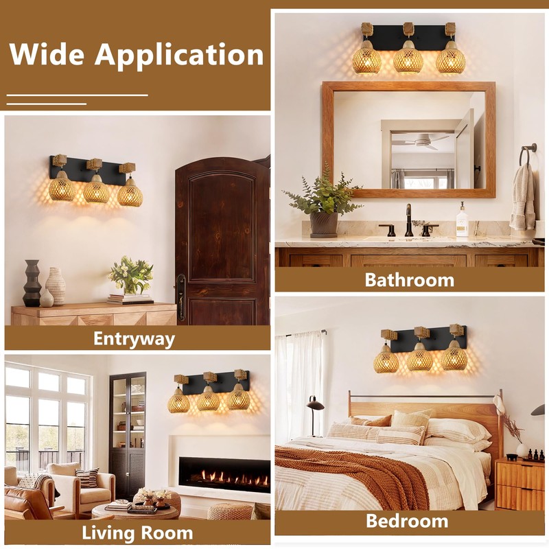 LmnLvn Farmhouse Bathroom Light Fixture, 3-Light Boho Vanity Light, Bamboo