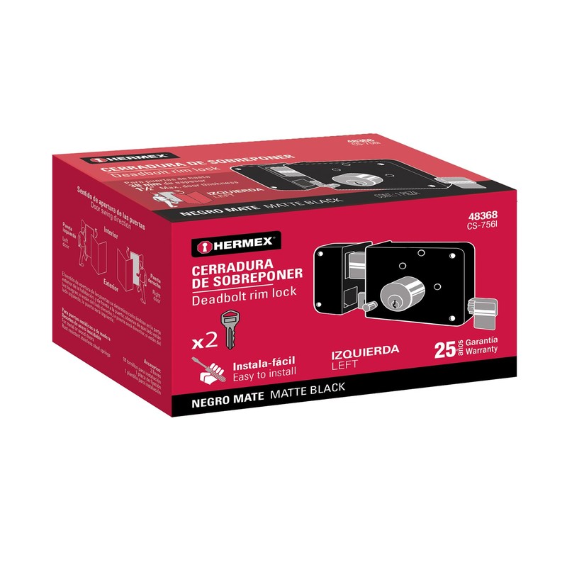 Hermex CS-756I, Cerradura sobreponer izq instala-fácil tradicional color negro