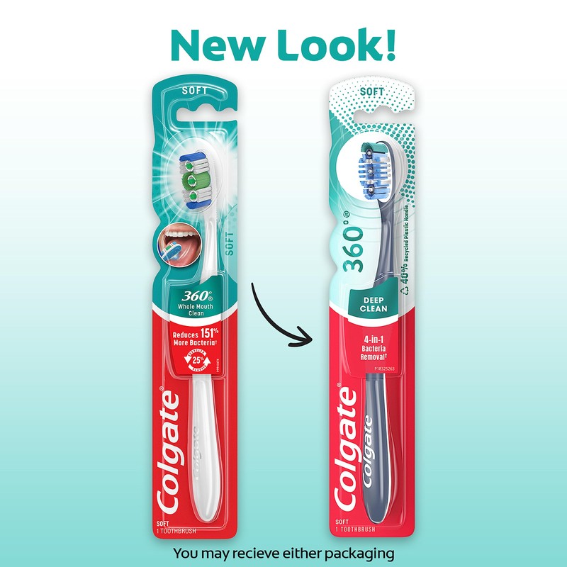 Colgate 360 Toothbrush with Tongue and Cheek Cleaner, Soft Toothbrush,