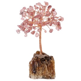 mookaitedecor Natural Strawberry Quartz Crystal Tree on Amber Calcite Cluster Base Feng Shui Money Tree Ornament for Home Office Table Decor