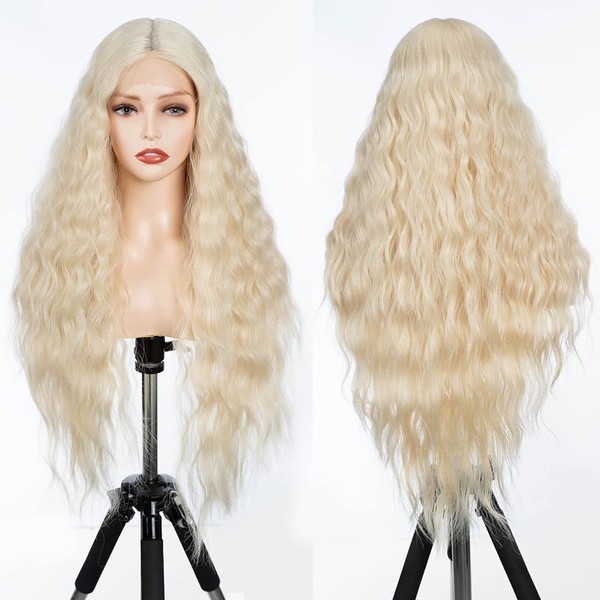 FASHION IDOL Long Wavy Synthetic Lace Front Wigs 30 Inch Deep Middle Part Baby Hair Wigs for Women 5% Brazilian Human Hair and 95% Heat Resistant Fibre (1.00, Gold)