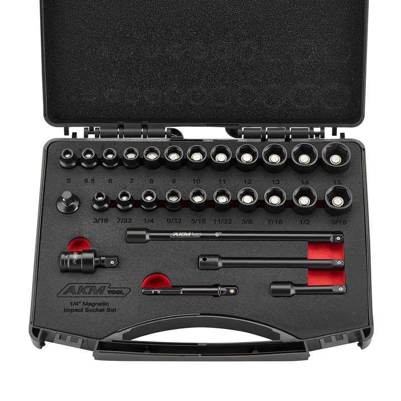 AKM TOOL 1/4 Inch Drive Magnetic Impact Socket Set, 28-Piece