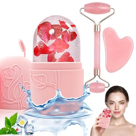 Rodillo de Hielo para la Cara, Molde de Hielo de Silicona Reutilizable Herramientasde Cuidado para Masaje Facil, ice roller facial, Ideal para Belleza Facial, Set con Molde de Hielo y Guasha(Rosa)