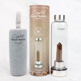 Myga Tigers Eye Crystal Water Bottle - 500ml Glass Drinks Bottle with Natural Healing Crystal & Neoprene Sleeve for Wellness & Self-Care - Gemstone: Tigers Eye