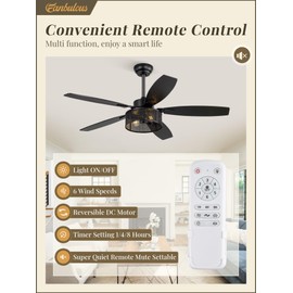 52 Inch Farmhouse Ceiling Fan with Light and Remote, Black Industrial Caged Ceiling Fans Flush Mount, 5 Dual Finish Blades, 6-Speed Reversible Quiet DC Motor, Rustic Design for Bedroom, Living Room