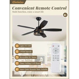 52 Inch Farmhouse Ceiling Fan with Light and Remote, Black Industrial Caged Ceiling Fans Flush Mount, 5 Dual Finish Blades, 6-Speed Reversible Quiet DC Motor, Rustic Design for Bedroom, Living Room