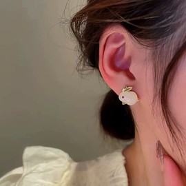 Aneneiceera Gold Bunny Stud Earrings Easter Gold Rabbit Stud Earrings White Gemstone Stone Rabbit Earrings Wedding Brial Crystal Animal Rabbit Earrings Cute Opal Earrings For Women, Crystal