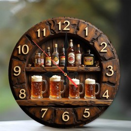 Wooden Clock Pub Bar Shelf Beer Mug Liquor Decor 10-Inch Wooden Wall Clock, Silent Movement, Battery Operated (AA Batteries Not Included), Artistic Home Decor, Perfect for Home Accents