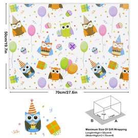 Owl Wrapping Paper Set of 4 Sheets Folded Flat 20x28 inches Per Sheet For Kids Girls Boys, Colorful Owls With Balloons Gift Packages Cupcake Muffin For all Birthday Party Baby Shower Kindergarten Graduation Occasions