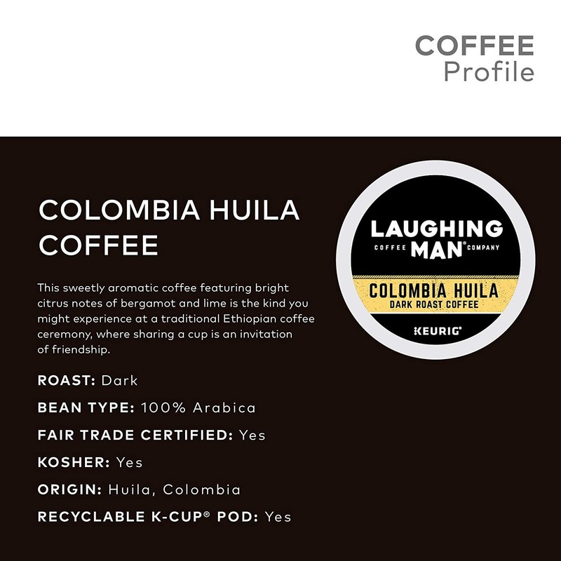 Laughing Man Colombia Huila Coffee Single-Serve K-Cups for Keurig Brewers,