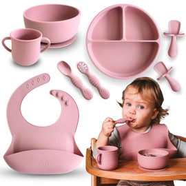 Silicone Baby Feeding Set–100% Food Grade Silicone, Complete Baby Led Weaning Supplies Set w/Suction Plate, Bowl, Cup, Bib &Training Spoons, Toddler Utensils, Dishwasher Safe,Baby Utensils 6-12 Months