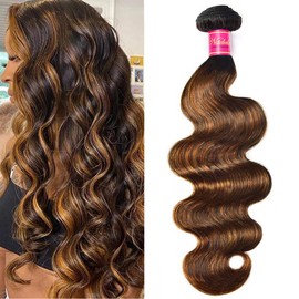 Nadula 12A Highlight Brown Ombre Body Wave Human Hair Weave 1 Bundle 18inch,Balayage Colored Brazilian 100% Remy Human Hair Wavy Bundles Extensions Blonde #FB30 Color