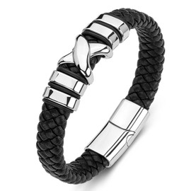 Mens Bracelets Braided Leather Wristband Cuff Bangle Stainless Steel Magnetic Clasp for Men Teen Boy 8.0-8.5 inches, 8.0 inch, no gemstone