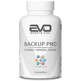 EVO SPORTS FUEL Backup Pro Vitamin + Mineral Matrix, 150 Capsules, Innovative Combination of Vitamin C, B12 & Zn, Mg, Ca, Se and More, Without Unnecessary Additives, Tested Quality, Made in Germany