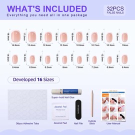 SHANGMENG French Tip Press on Nails - Soft Gel Square Press on Nails Short with Nail Glue for Women Gift, Fit Perfectly & Natural Stick on Nails in 16 Sizes - 32 Reusable Fake Nails, White French