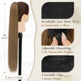 BARSDAR Long Straight Ponytail Extension - 26 Inch Drawstring Brown Ponytail Hair Extensions Synthetic Clip in Pony Tails Hairpieces Fake Straight Ponytail for Women Girls Daily- Light Brown Mixed